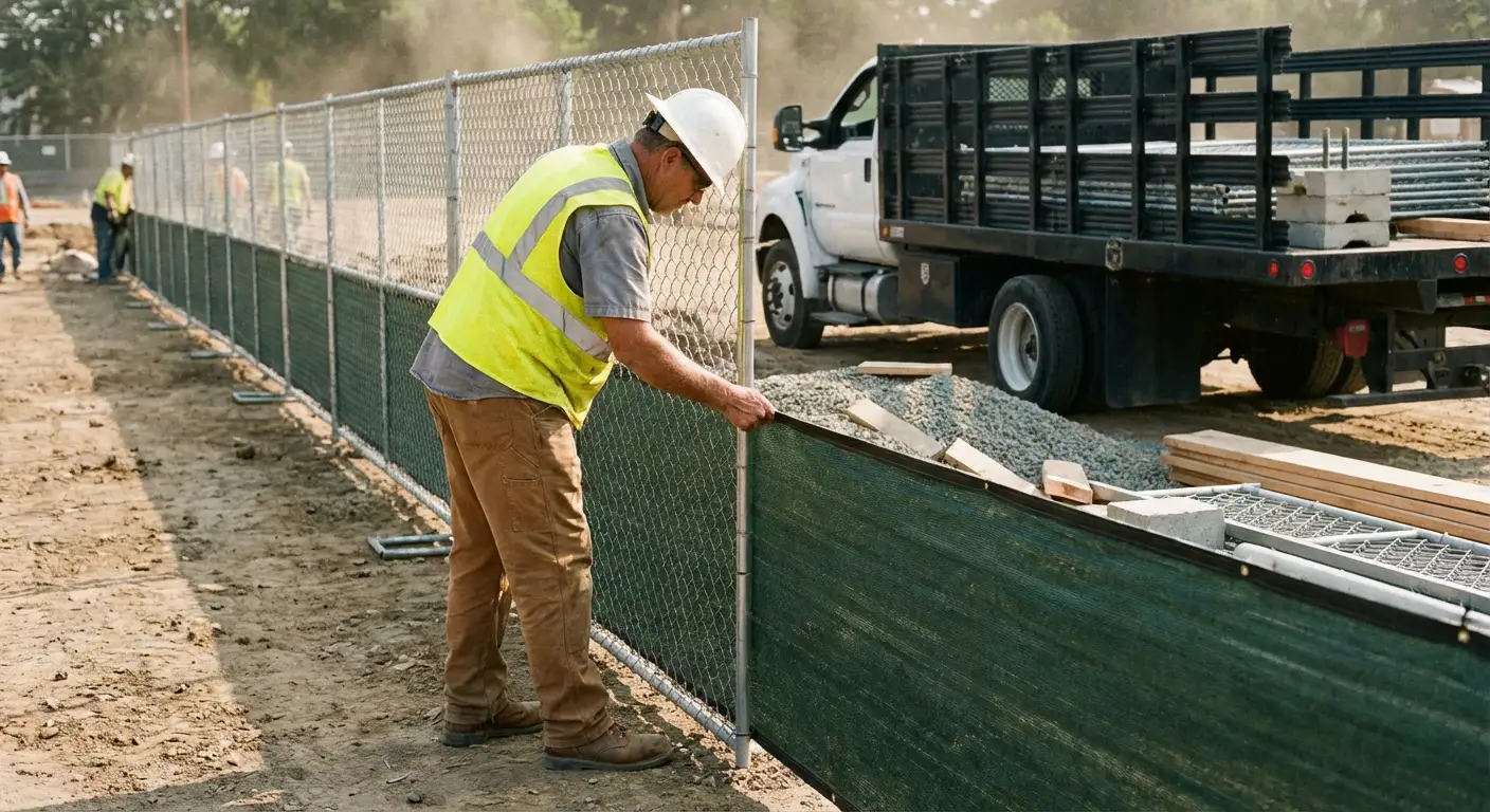 Privacy windscreen installation on construction fence in Greenwood, IN